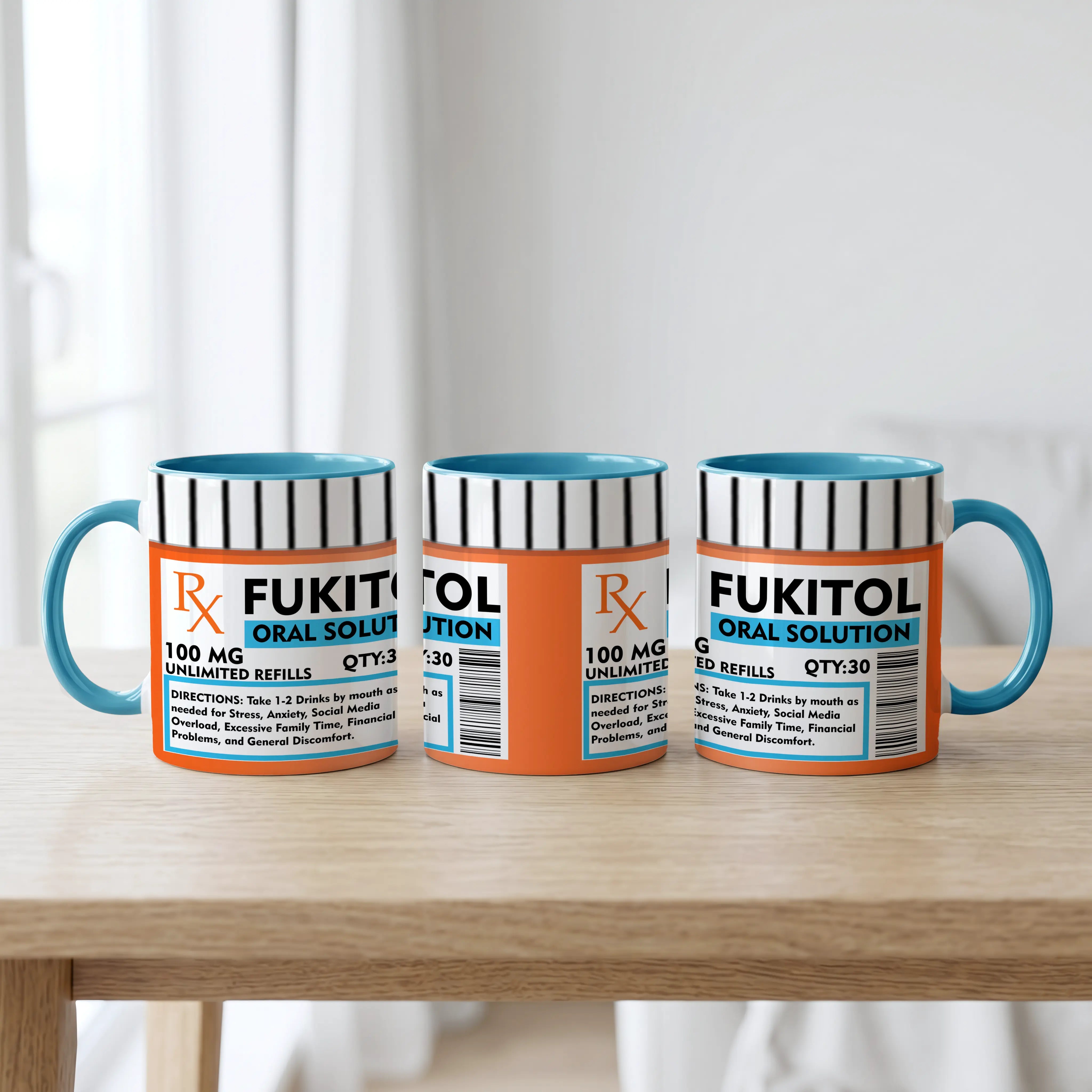Grappige beker met opdruk medicijnpotje Fukitol (blauw)