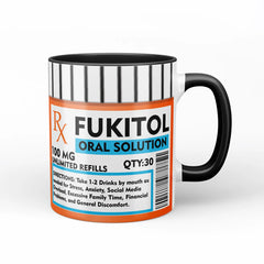 Grappige beker met opdruk medicijnpotje Fukitol (zwart)