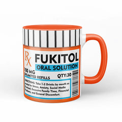Grappige beker met opdruk medicijnpotje Fukitol (oranje)