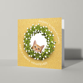 Gouden kerstkaart met krans en kat  - Cat'chy Store